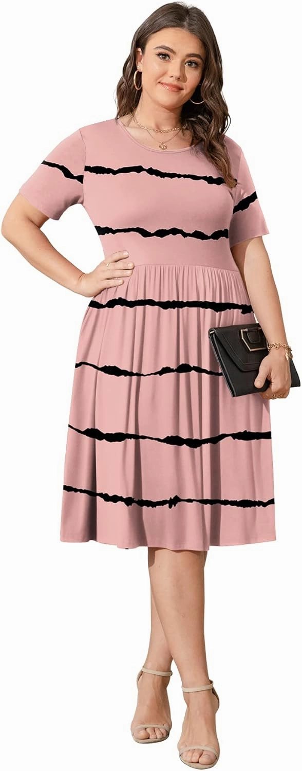 POSESHE Womens Plus Size Summer Dress 2025 Casual Short Sleeve Empire Waist Loose Fit Swing T-Shirt Dress with Pockets