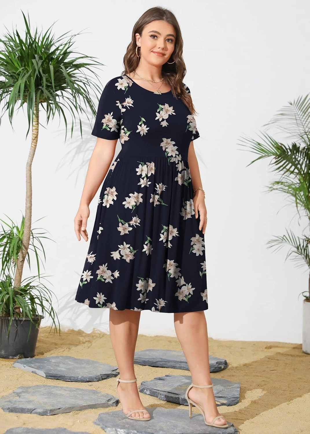 POSESHE Womens Plus Size Summer Dress 2025 Casual Short Sleeve Empire Waist Loose Fit Swing T-Shirt Dress with Pockets