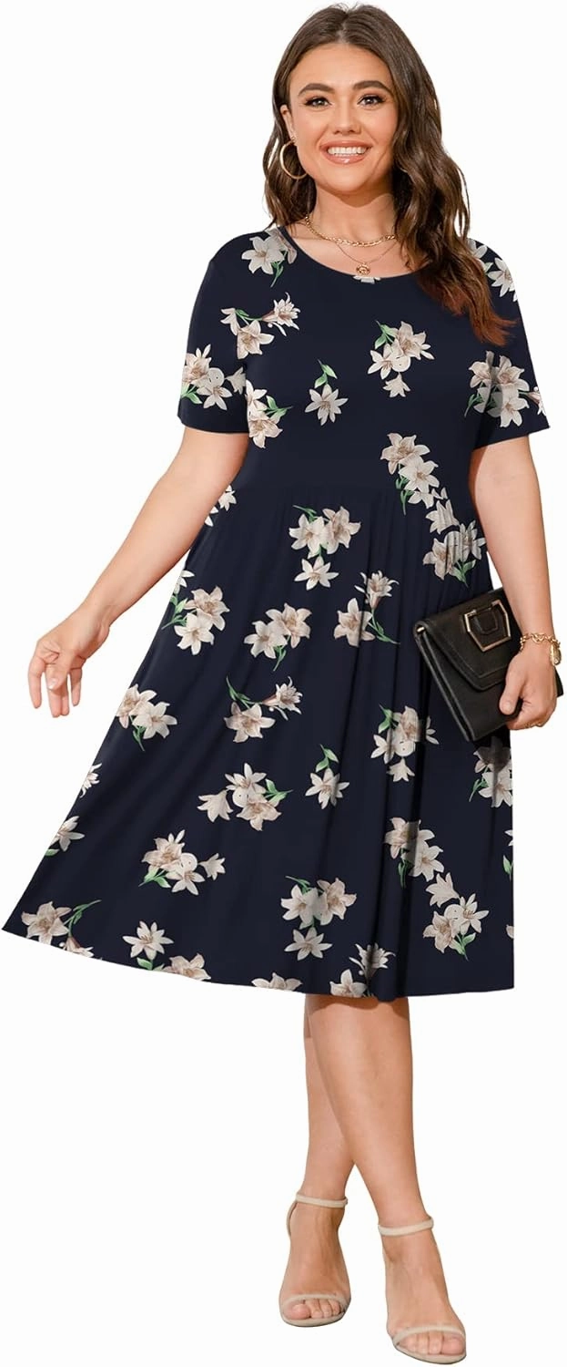 POSESHE Womens Plus Size Summer Dress 2025 Casual Short Sleeve Empire Waist Loose Fit Swing T-Shirt Dress with Pockets