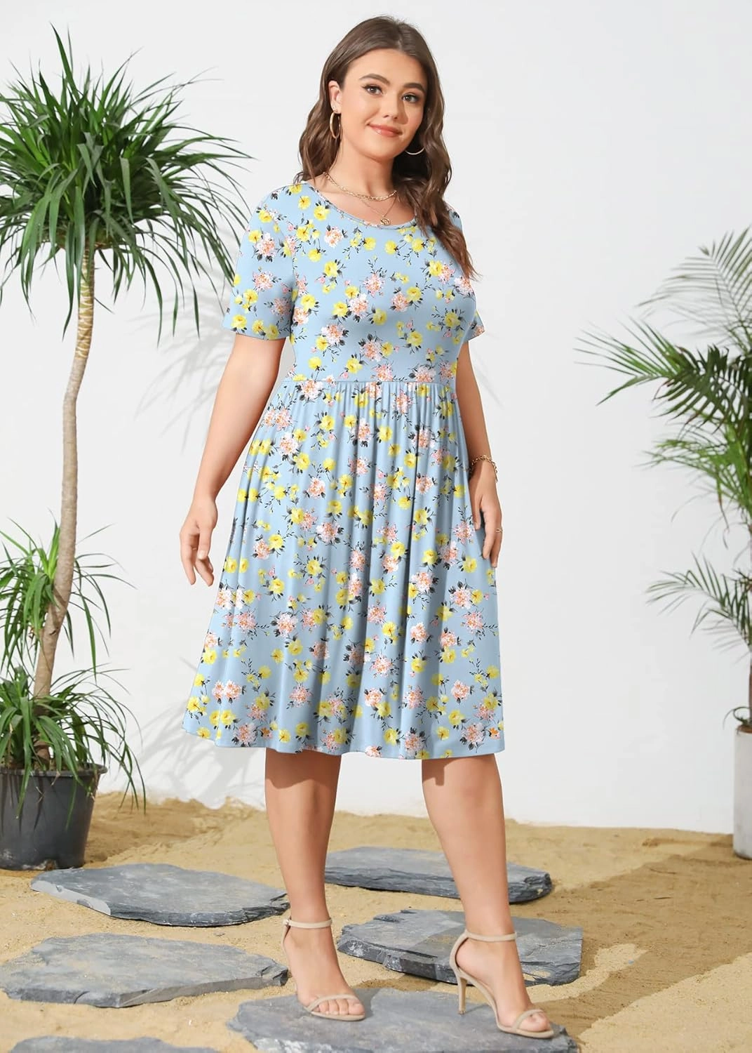 POSESHE Womens Plus Size Summer Dress 2025 Casual Short Sleeve Empire Waist Loose Fit Swing T-Shirt Dress with Pockets