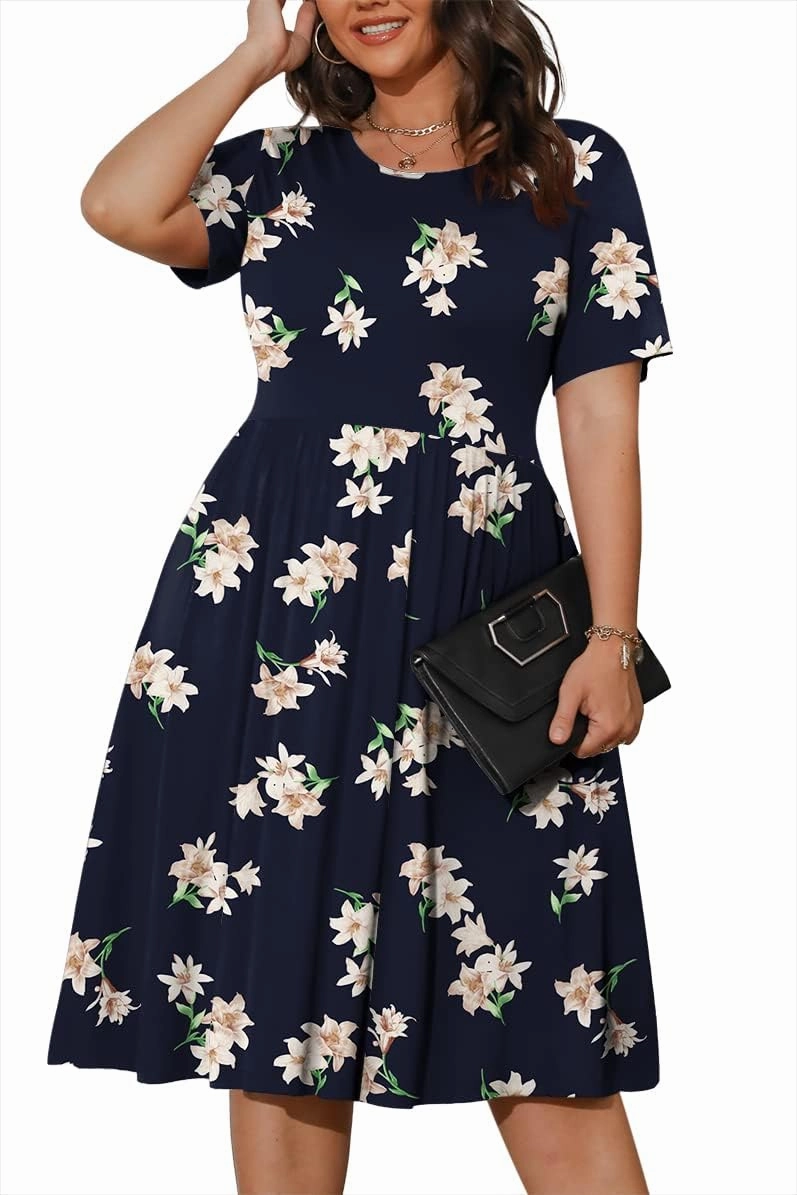POSESHE Womens Plus Size Summer Dress 2025 Casual Short Sleeve Empire Waist Loose Fit Swing T-Shirt Dress with Pockets