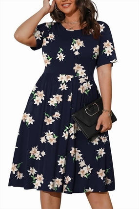 POSESHE Womens Plus Size Summer Dress 2025 Casual Short Sleeve Empire Waist Loose Fit Swing T-Shirt Dress with Pockets