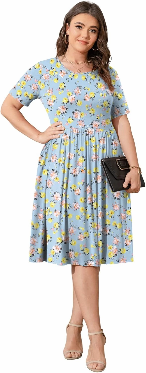 POSESHE Womens Plus Size Summer Dress 2025 Casual Short Sleeve Empire Waist Loose Fit Swing T-Shirt Dress with Pockets