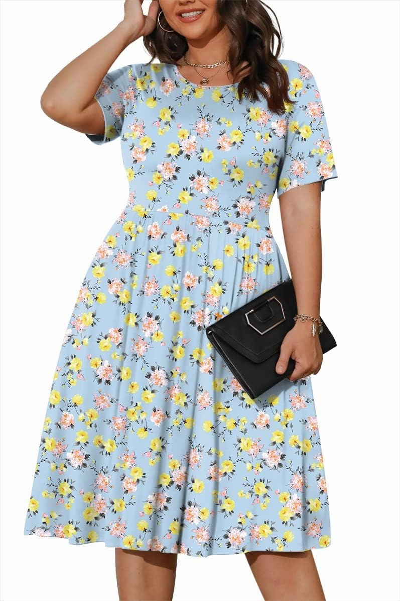 POSESHE Womens Plus Size Summer Dress 2025 Casual Short Sleeve Empire Waist Loose Fit Swing T-Shirt Dress with Pockets