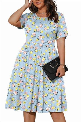POSESHE Womens Plus Size Summer Dress 2025 Casual Short Sleeve Empire Waist Loose Fit Swing T-Shirt Dress with Pockets