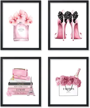 Poster Master 4-Piece Fashion Poster - Pink Designer Print - Handbag Art - Shoes Art - Perfume Art - Gift for Her & Fashionista - Glamour Decor for Bedroom or Girl's Room - 8x10 UNFRAMED Wall Art