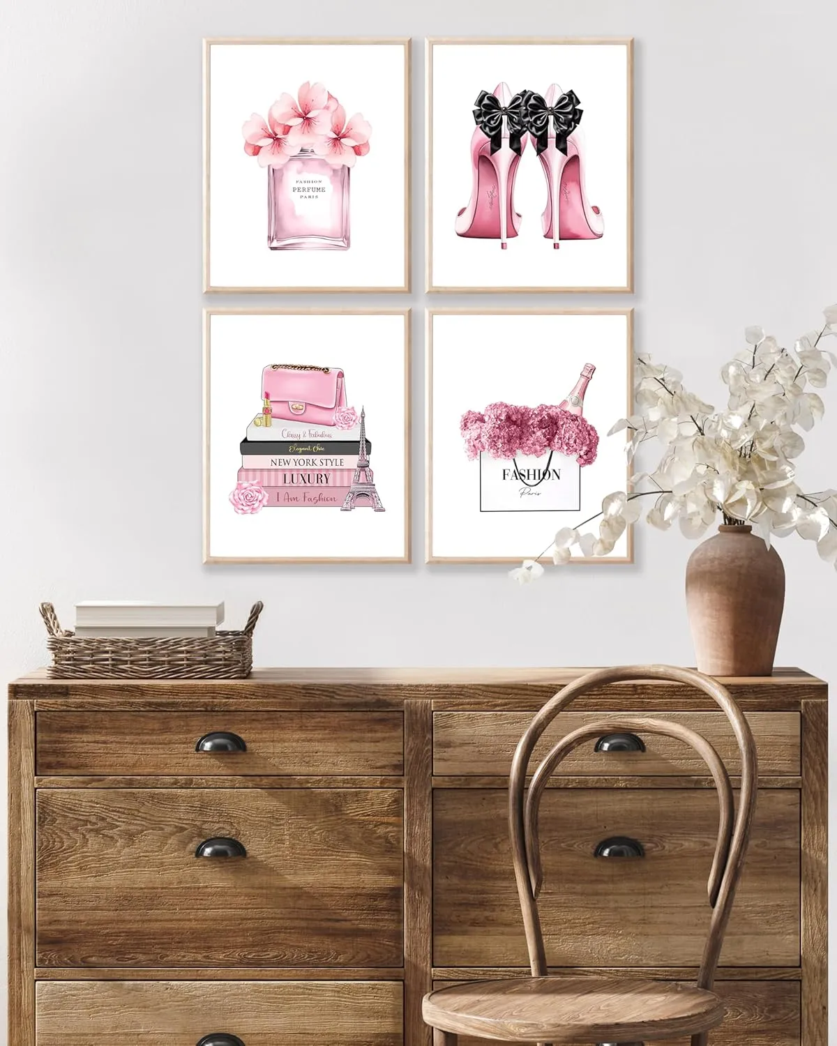 Poster Master 4-Piece Fashion Poster - Pink Designer Print - Handbag Art - Shoes Art - Perfume Art - Gift for Her & Fashionista - Glamour Decor for Bedroom or Girl's Room - 8x10 UNFRAMED Wall Art