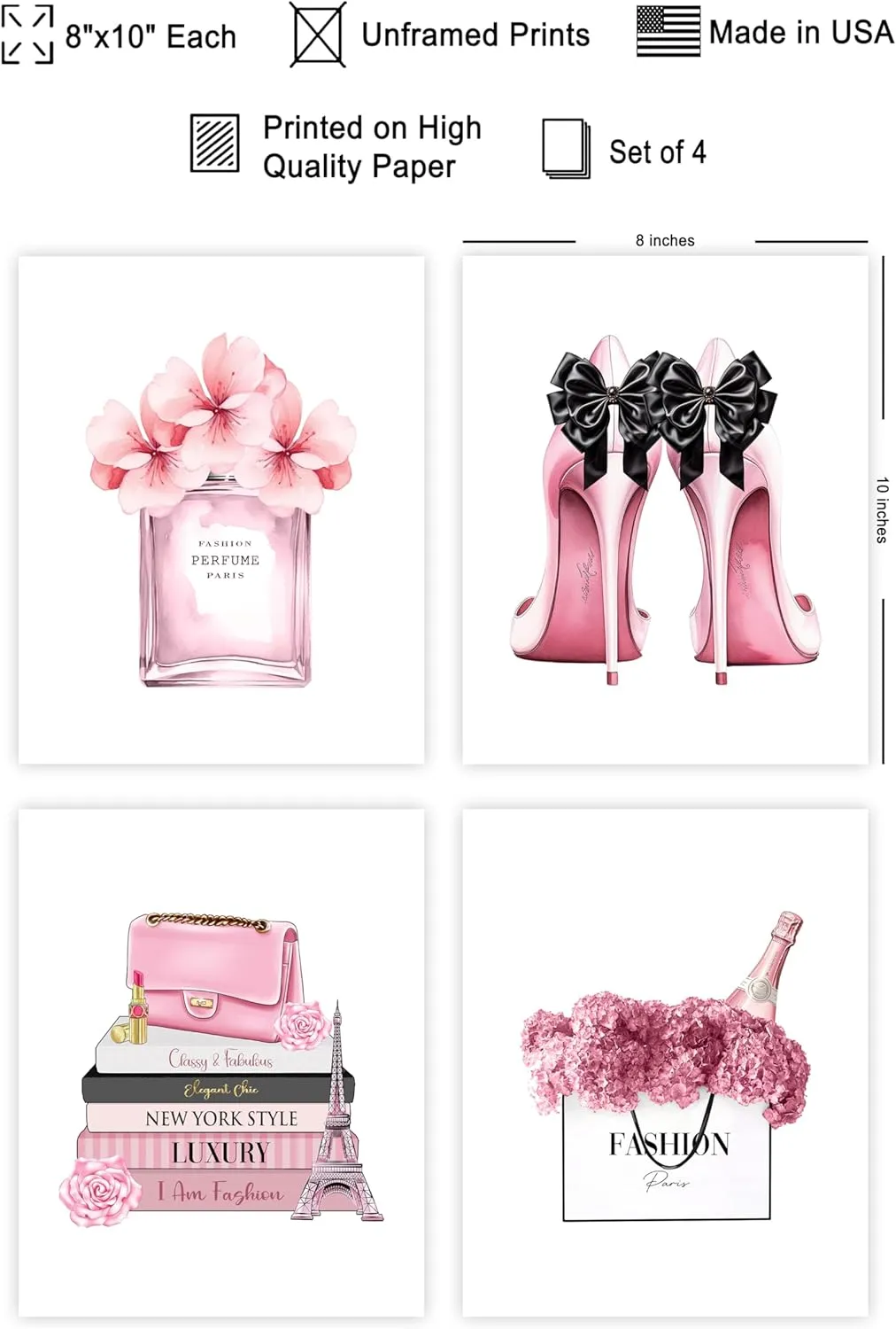 Poster Master 4-Piece Fashion Poster - Pink Designer Print - Handbag Art - Shoes Art - Perfume Art - Gift for Her & Fashionista - Glamour Decor for Bedroom or Girl's Room - 8x10 UNFRAMED Wall Art
