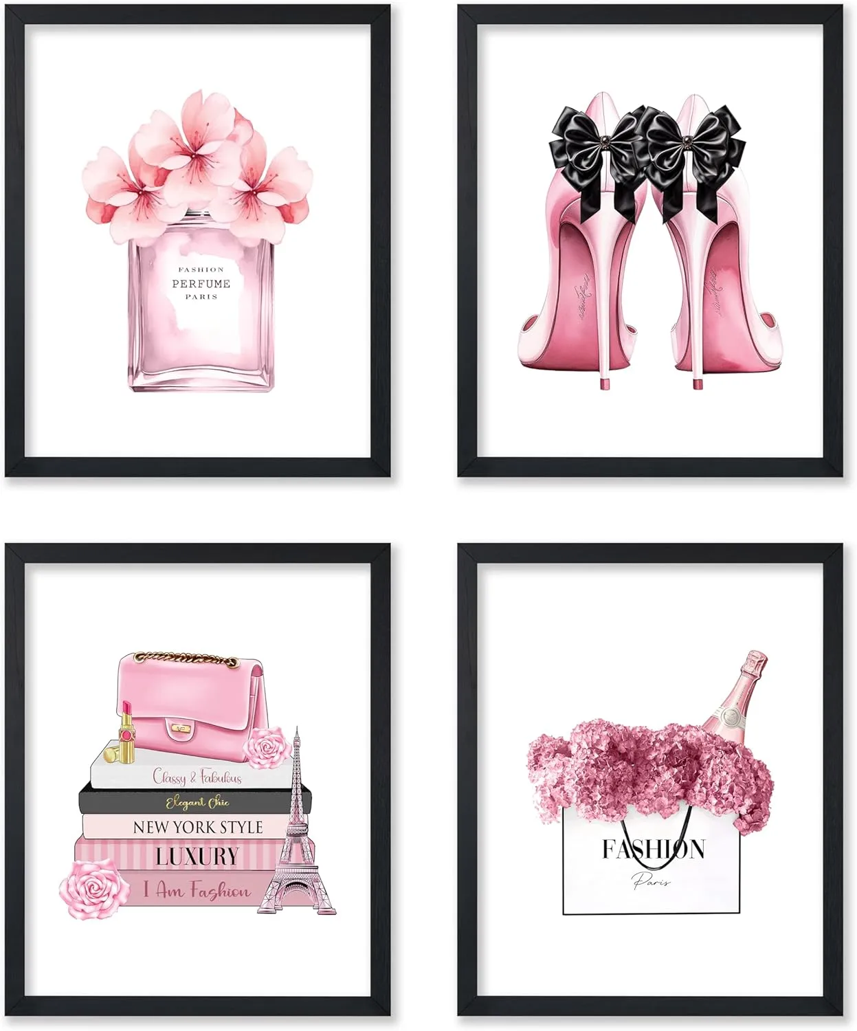 Poster Master 4-Piece Fashion Poster - Pink Designer Print - Handbag Art - Shoes Art - Perfume Art - Gift for Her & Fashionista - Glamour Decor for Bedroom or Girl's Room - 8x10 UNFRAMED Wall Art