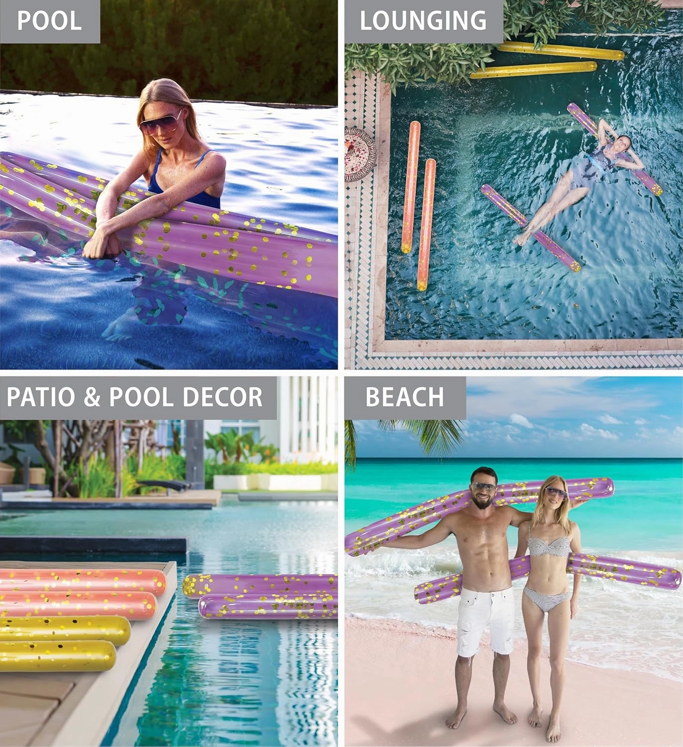POZA 2 Pack Inflatable Jumbo Pool Noodles Floats - Premium Luxurious 74 Inch Giant Water Floating Noodles Filled with Sparkle Confetti, Pool Float for Swimming Pool, Beach & Lake