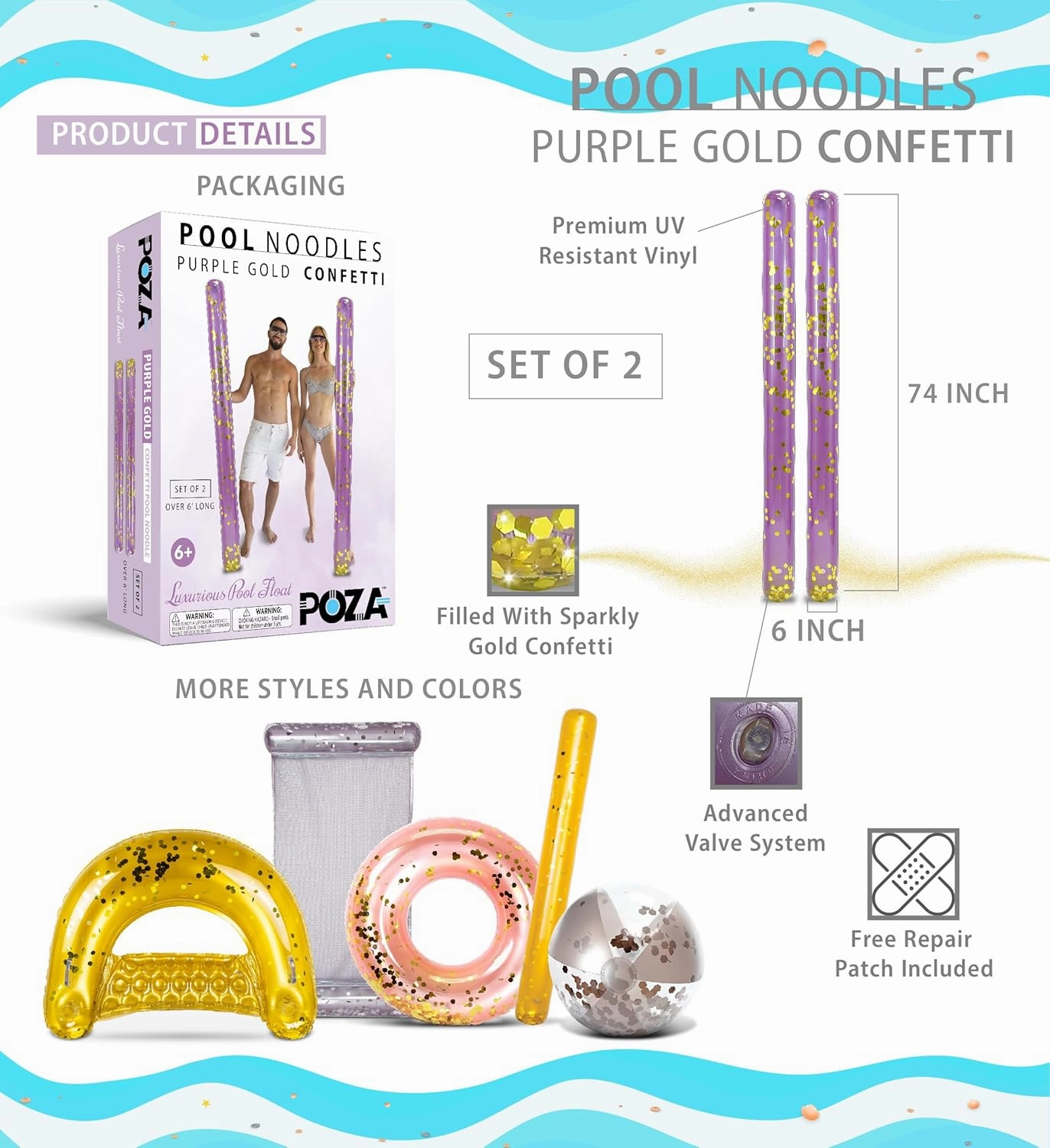 POZA 2 Pack Inflatable Jumbo Pool Noodles Floats - Premium Luxurious 74 Inch Giant Water Floating Noodles Filled with Sparkle Confetti, Pool Float for Swimming Pool, Beach & Lake