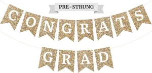 Pre-strung Congrats Grad Banner - No DIY - Gold Glitter Graduation Party Banner - Pre-strung Garland on 6 ft Strand - Gold Grad Congrats Class of 2025 Party Decorations & Decor. Did We Mention No DIY