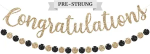 Pre-Strung Congratulations Banner - No DIY - Gold Glitter Congratulation Banner - Pre-Strung Garland on 6 ft Strand - Graduation, Wedding, Retirement Party Decorations & Decor. Did We Mention No DIY