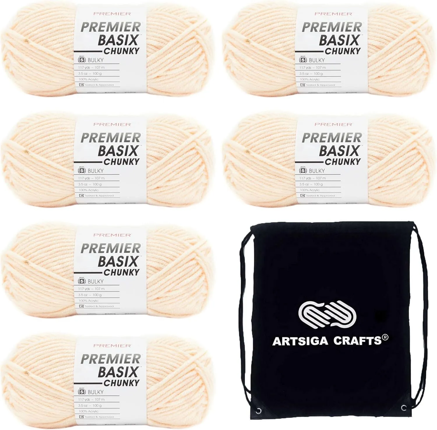 Premier Yarns Basix Chunky Peach 1145-08 (6-Skeins - Same Dye Lot) Chunky Bulky #5 Acrylic Yarn for Crocheting and Knitting with Project Bag