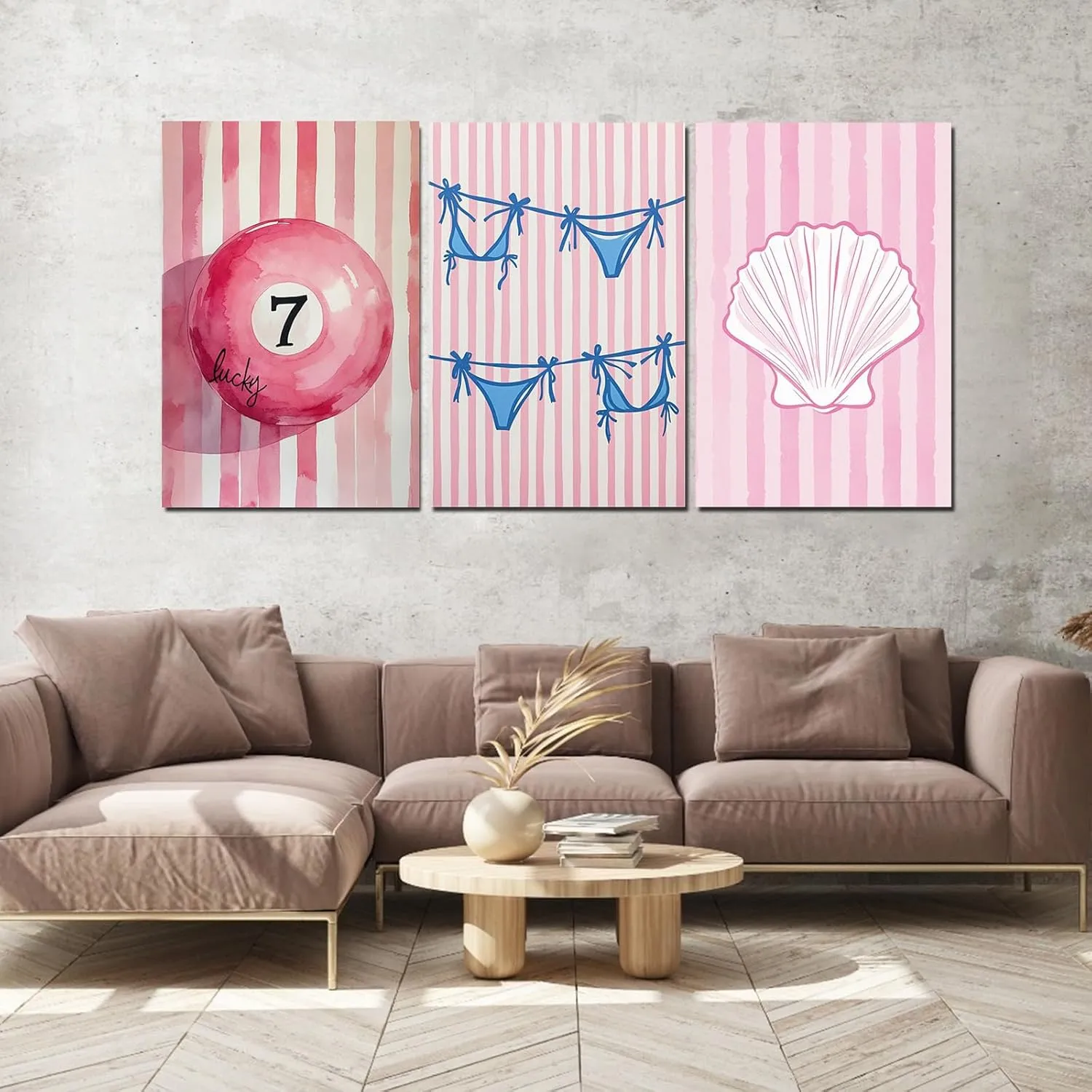 Preppy triple canvas painting set with bright pink white stripes background with lucky seven pool balls in the center blue bikini bottoms shells simple beautiful soft lines home wall artwork decor