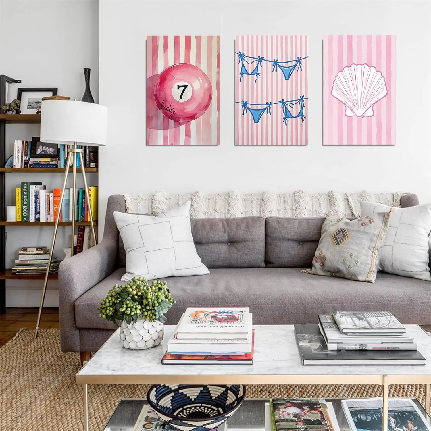 Preppy triple canvas painting set with bright pink white stripes background with lucky seven pool balls in the center blue bikini bottoms shells simple beautiful soft lines home wall artwork decor