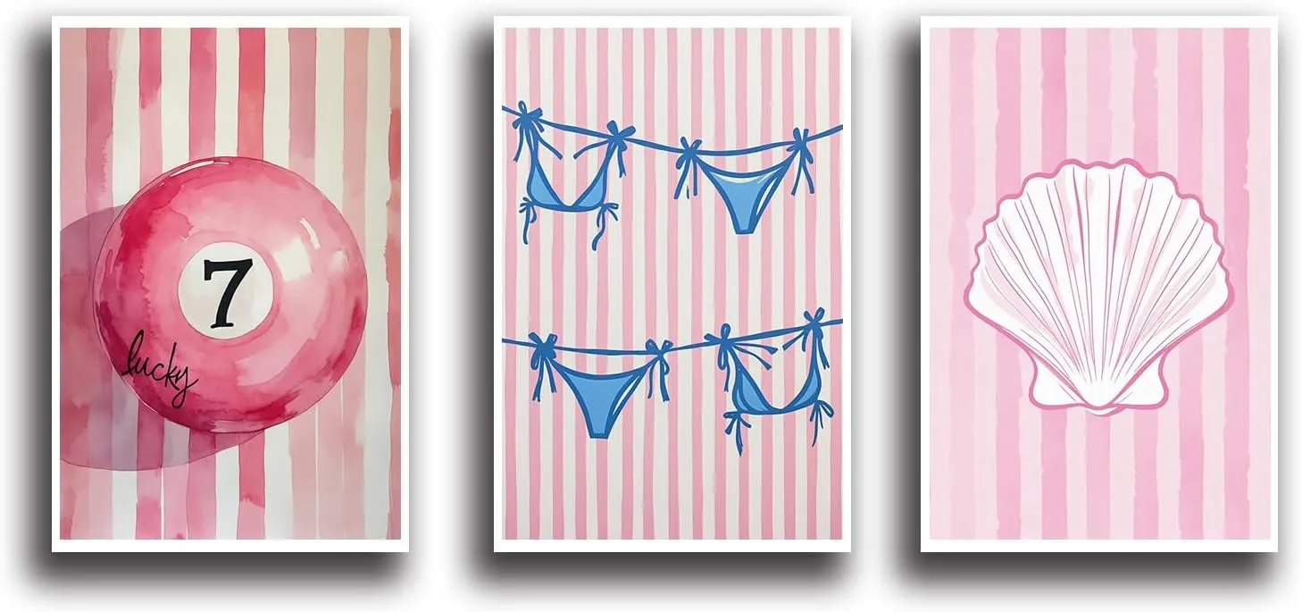 Preppy triple canvas painting set with bright pink white stripes background with lucky seven pool balls in the center blue bikini bottoms shells simple beautiful soft lines home wall artwork decor