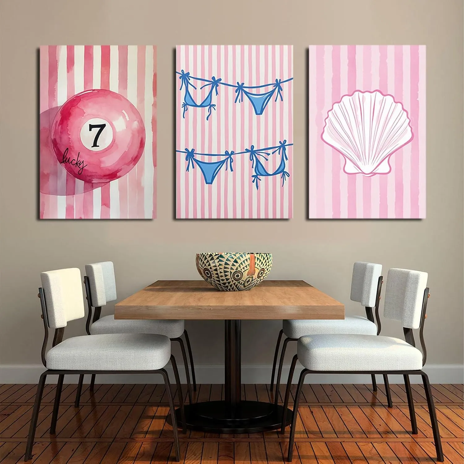 Preppy triple canvas painting set with bright pink white stripes background with lucky seven pool balls in the center blue bikini bottoms shells simple beautiful soft lines home wall artwork decor