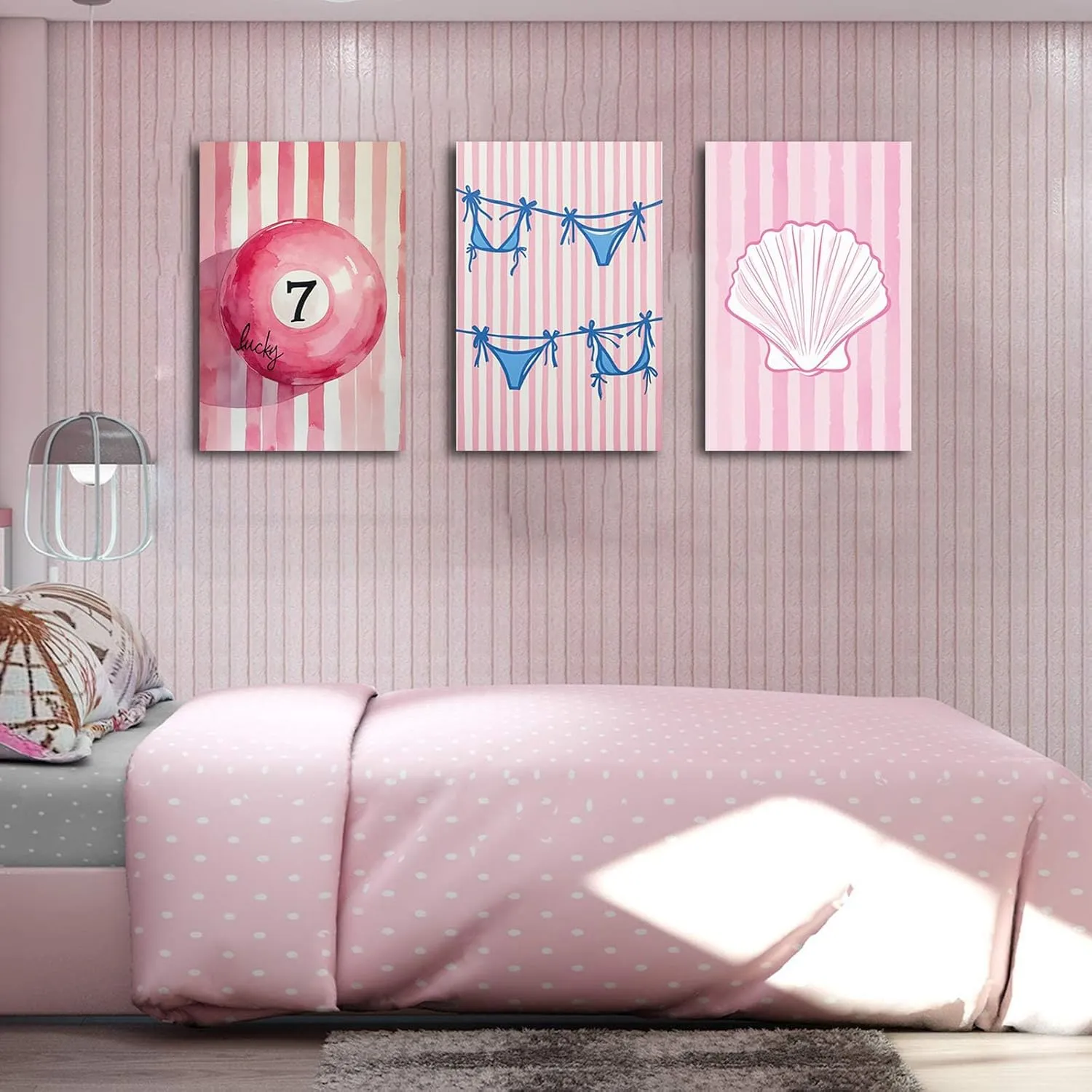 Preppy triple canvas painting set with bright pink white stripes background with lucky seven pool balls in the center blue bikini bottoms shells simple beautiful soft lines home wall artwork decor