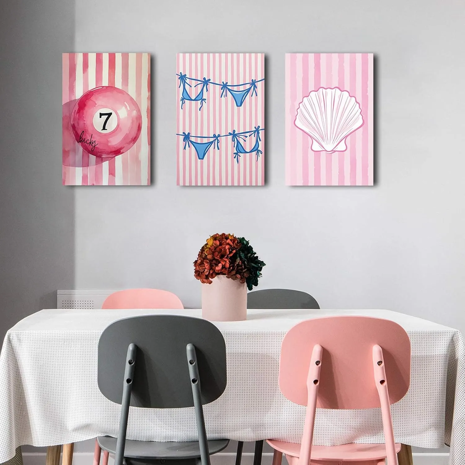 Preppy triple canvas painting set with bright pink white stripes background with lucky seven pool balls in the center blue bikini bottoms shells simple beautiful soft lines home wall artwork decor