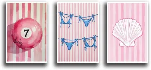 Preppy triple canvas painting set with bright pink white stripes background with lucky seven pool balls in the center blue bikini bottoms shells simple beautiful soft lines home wall artwork decor