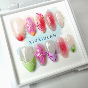 Press on Nails Almond, French Embossed Flowers Cute False Nails, 3D Cartoon Sheer handmade nails Nude Glossy Soft Gel 10 Pcs (Sheer M, Flowers Almond)