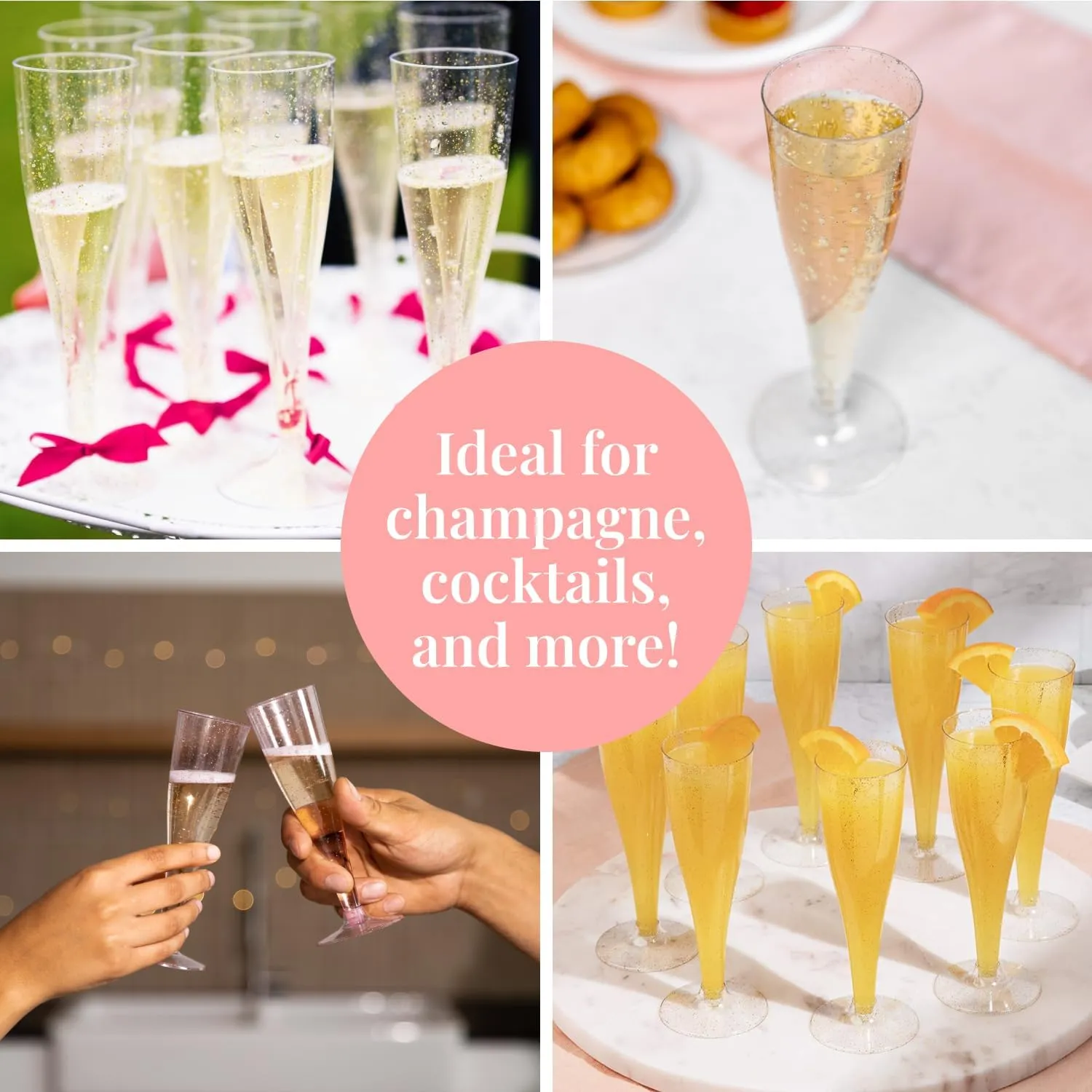Prestee 24 Piece Plastic Champagne Flutes - 4.5 oz Plastic Wine Glasses with Rose Gold Glitter - Cocktail Glasses for Parties - Party Supplies for Mimosa Bar, Wedding, Shower Party and New Years Eve