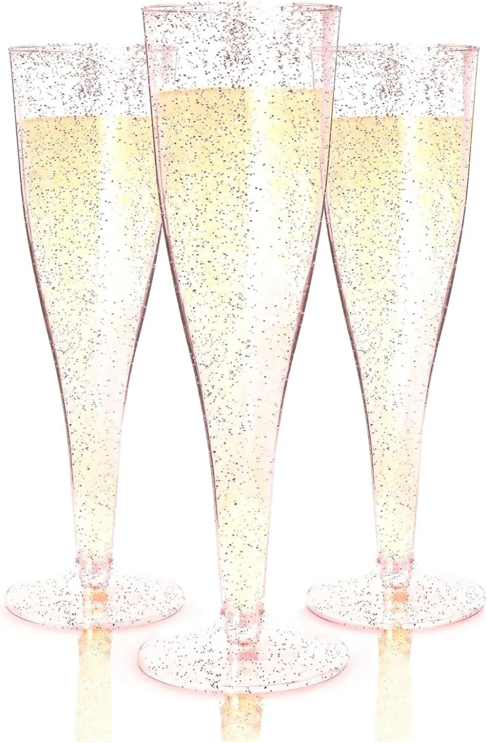 Prestee 24 Piece Plastic Champagne Flutes - 4.5 oz Plastic Wine Glasses with Rose Gold Glitter - Cocktail Glasses for Parties - Party Supplies for Mimosa Bar, Wedding, Shower Party and New Years Eve