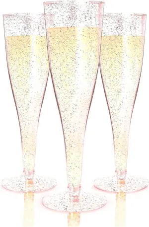 Prestee 24 Piece Plastic Champagne Flutes - 4.5 oz Plastic Wine Glasses with Rose Gold Glitter - Cocktail Glasses for Parties - Party Supplies for Mimosa Bar, Wedding, Shower Party and New Years Eve