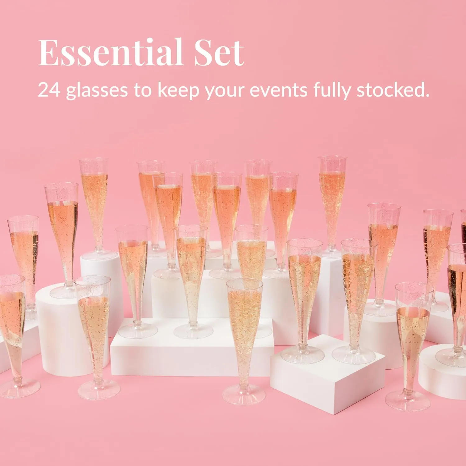 Prestee 24 Piece Plastic Champagne Flutes - 4.5 oz Plastic Wine Glasses with Rose Gold Glitter - Cocktail Glasses for Parties - Party Supplies for Mimosa Bar, Wedding, Shower Party and New Years Eve
