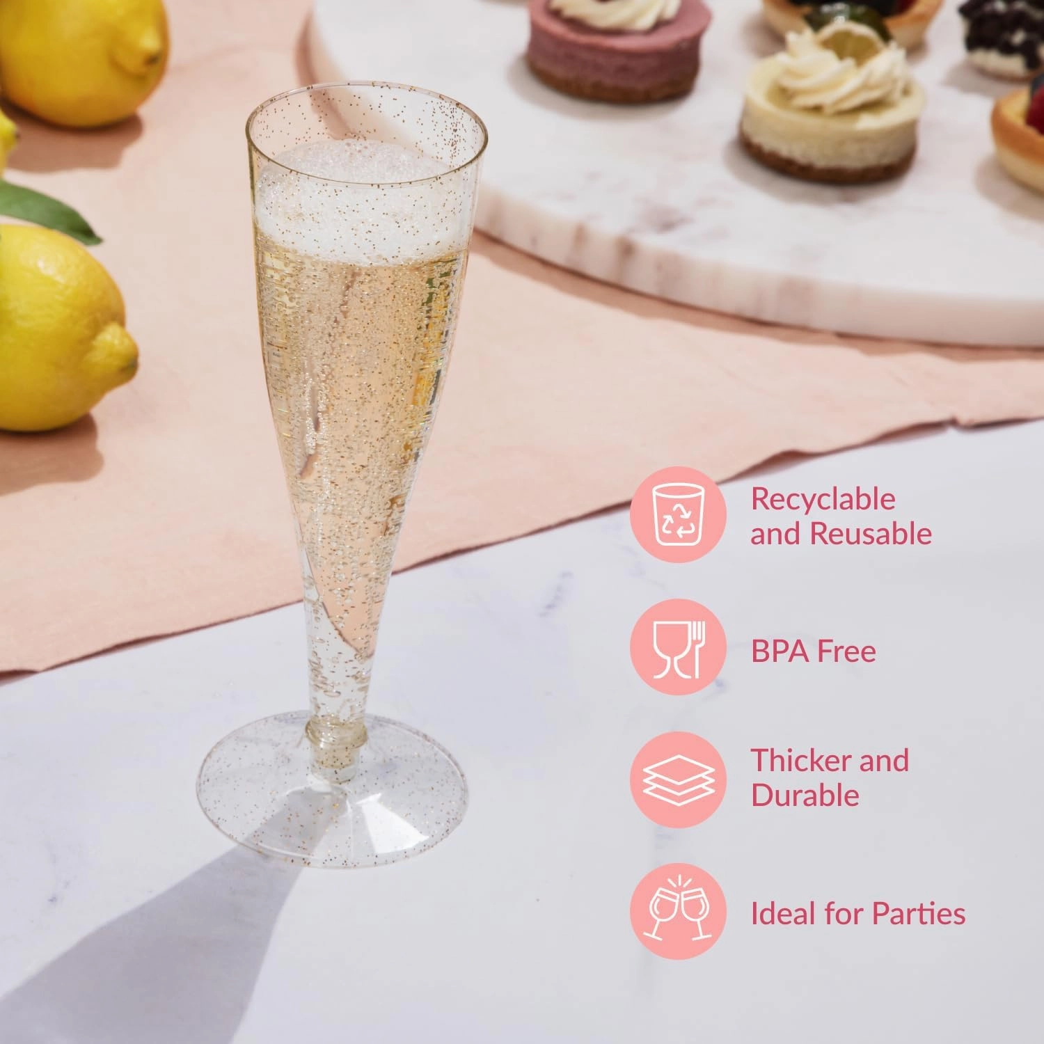 Prestee 100 Gold Plastic Champagne Flutes - 4.5 oz Disposable Champagne Glasses for Toasting at Weddings, Mimosas, Cocktails, Great Gatsby Party Decorations, and Events
