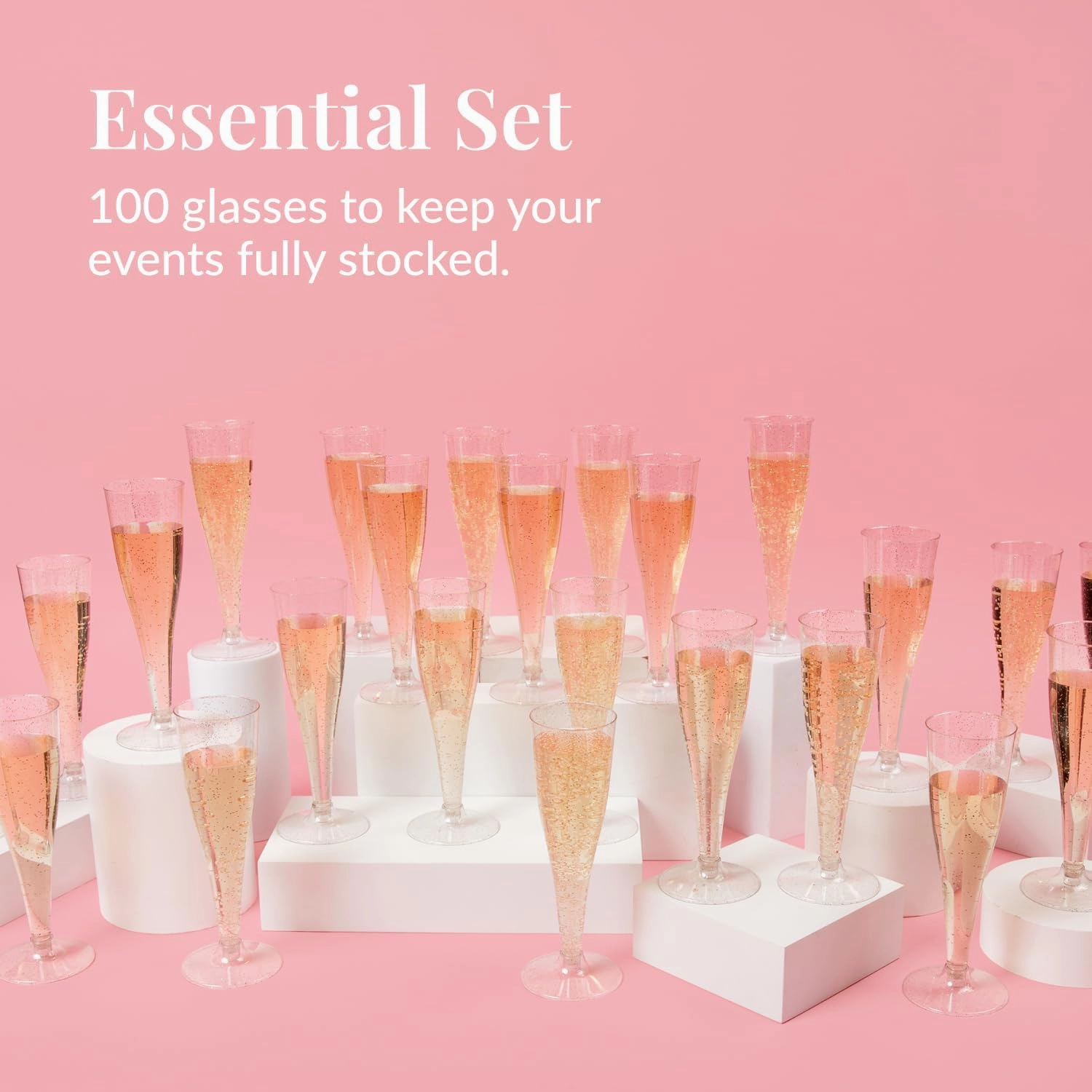 Prestee 100 Gold Plastic Champagne Flutes - 4.5 oz Disposable Champagne Glasses for Toasting at Weddings, Mimosas, Cocktails, Great Gatsby Party Decorations, and Events