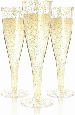 Prestee 100 Gold Plastic Champagne Flutes - 4.5 oz Disposable Champagne Glasses for Toasting at Weddings, Mimosas, Cocktails, Great Gatsby Party Decorations, and Events