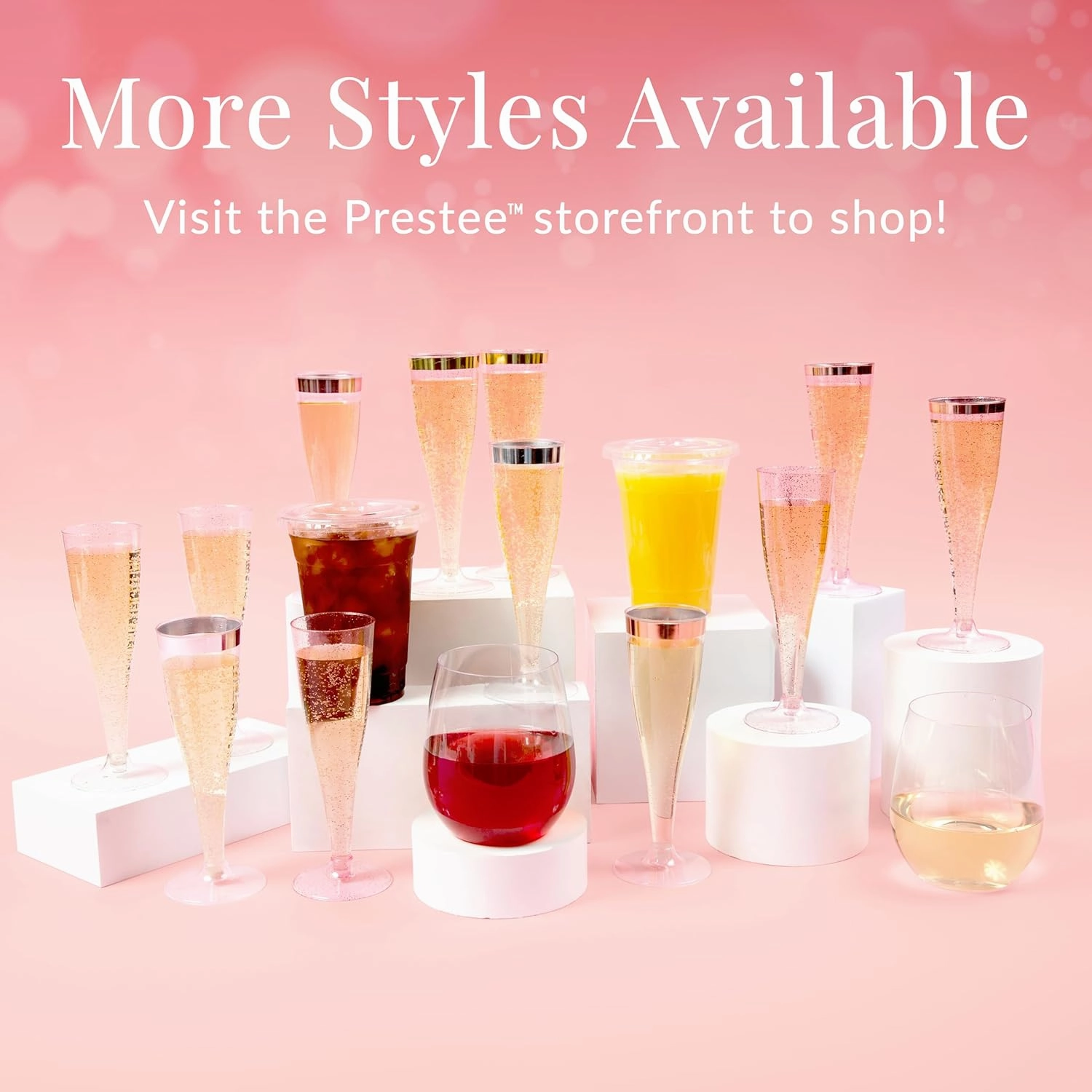 Prestee 100 Gold Plastic Champagne Flutes - 4.5 oz Disposable Champagne Glasses for Toasting at Weddings, Mimosas, Cocktails, Great Gatsby Party Decorations, and Events