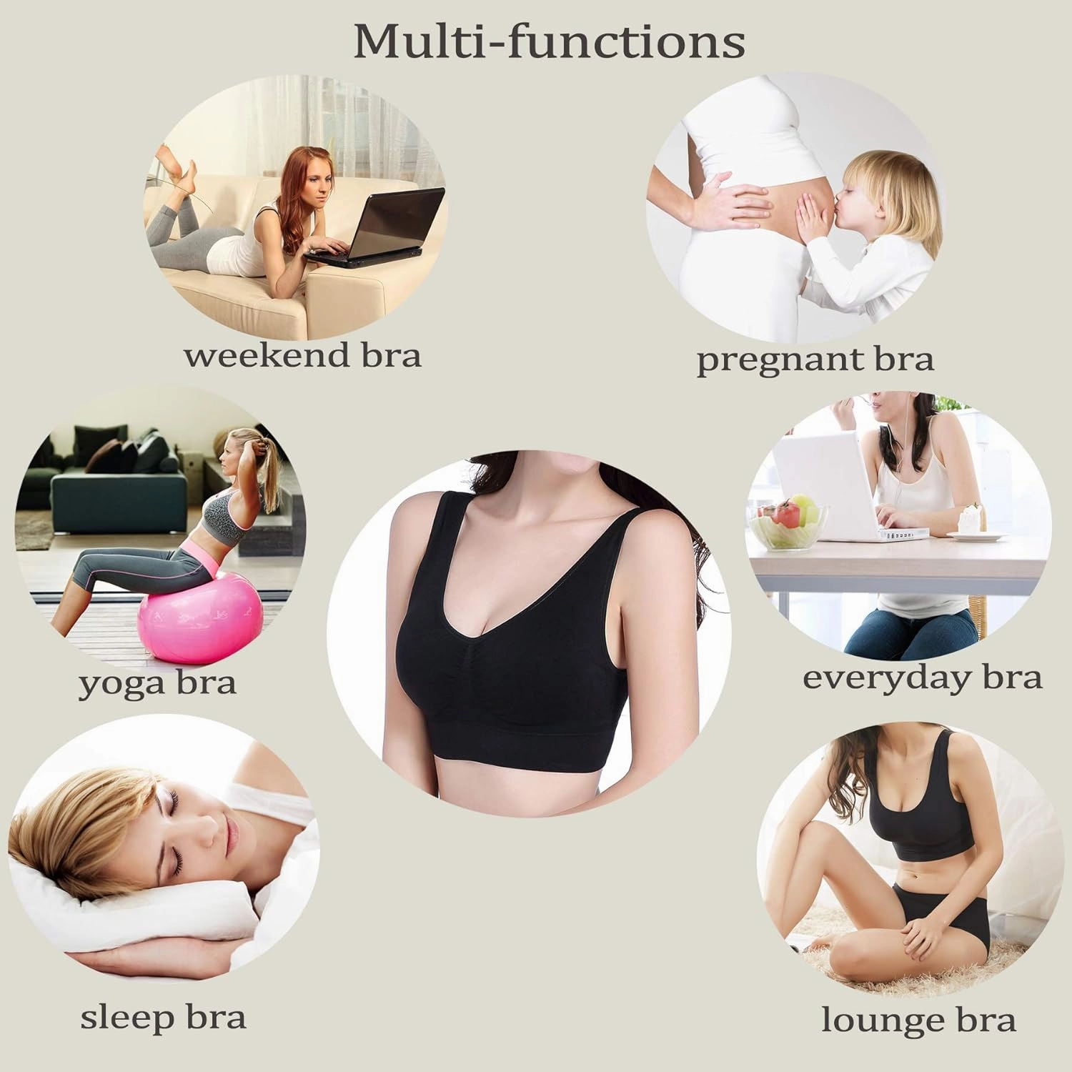 PRETTYWELL Sleep Bras for Women, Comfort Seamless Wireless Stretchy Sports Bra,3 Pack Yoga Bras, with Removable Pads