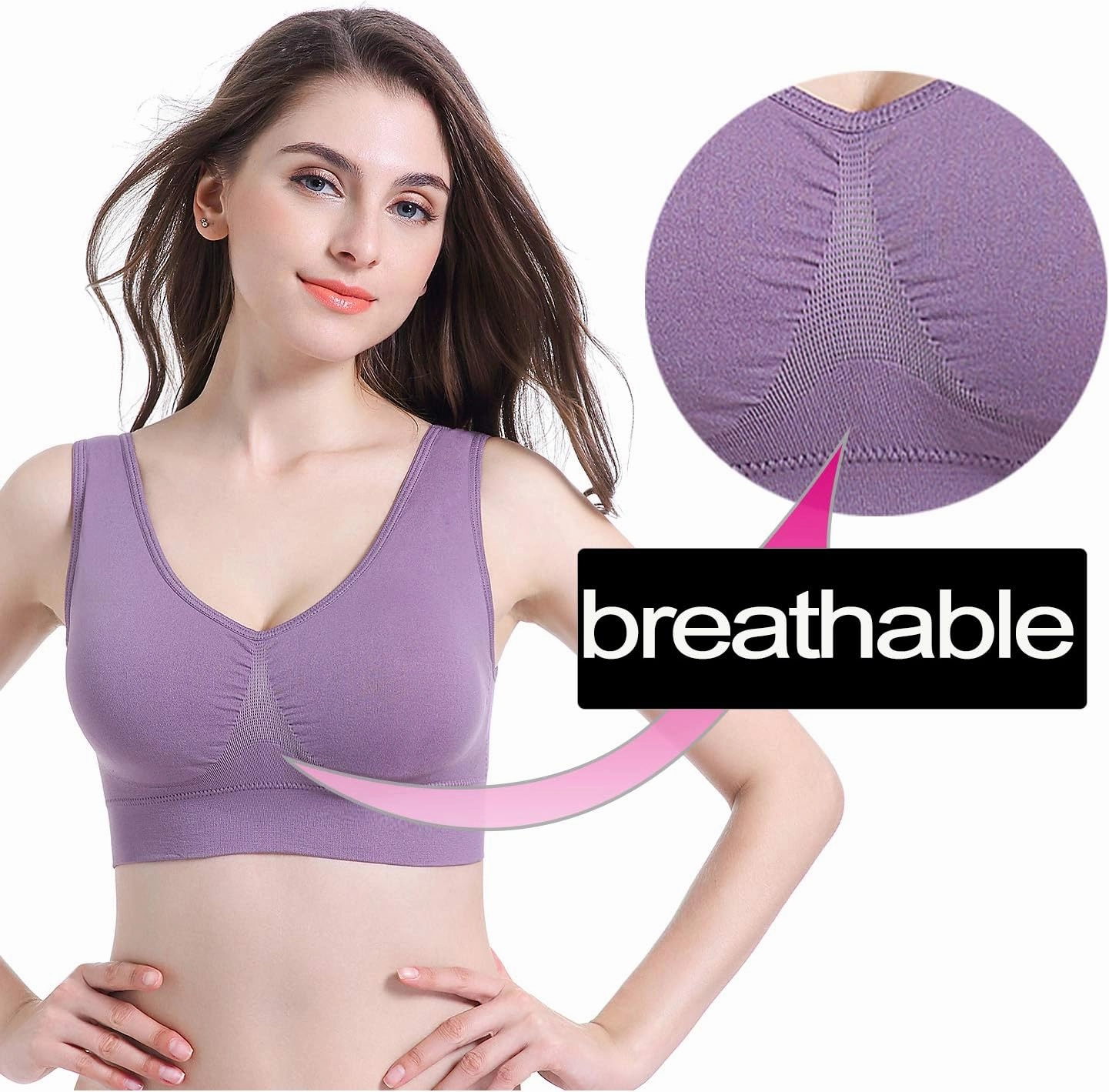 PRETTYWELL Sleep Bras for Women, Comfort Seamless Wireless Stretchy Sports Bra,3 Pack Yoga Bras, with Removable Pads