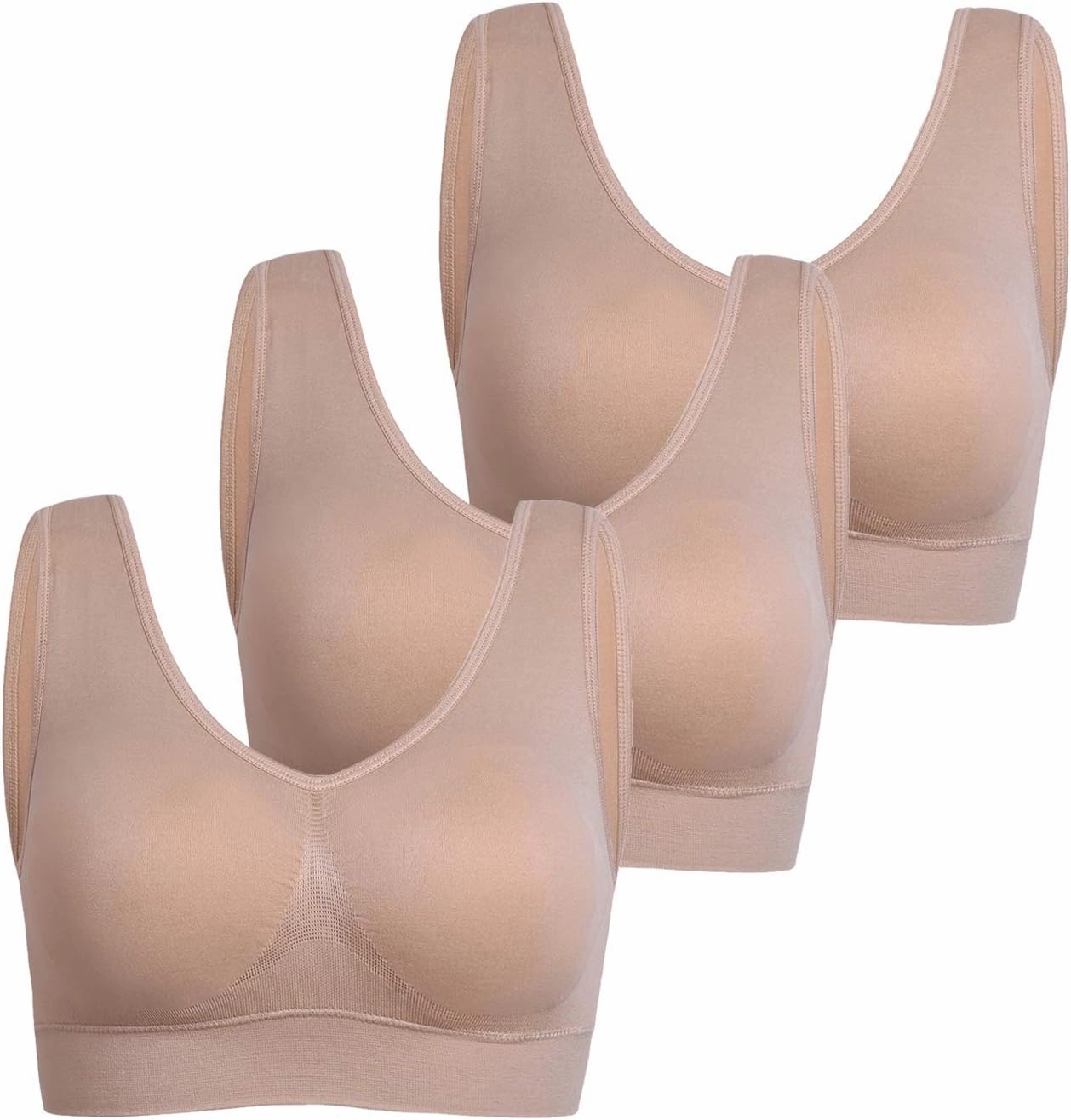 PRETTYWELL Sleep Bras for Women, Comfort Seamless Wireless Stretchy Sports Bra,3 Pack Yoga Bras, with Removable Pads