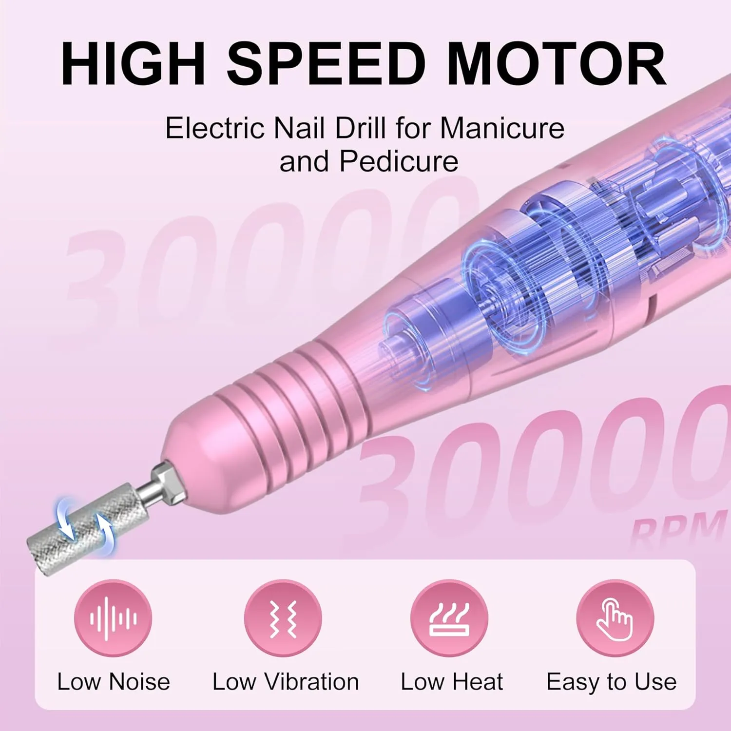 Professional Electric Nail Drill File:COSYGLOW Glitter Portable Cordless E-File Nail Drill Kit with 11 Drill Bits,30000 RPM Rechargeable Nail Drills Machine for Acrylic Nails Gel Polishing(Pink)