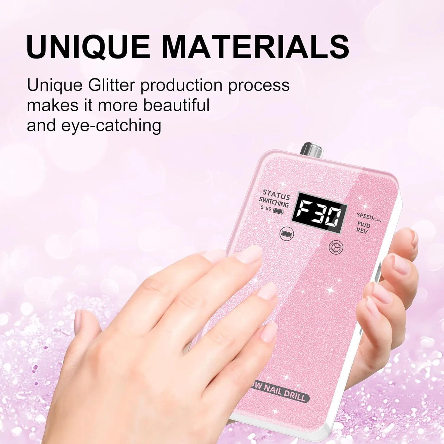 Professional Electric Nail Drill File:COSYGLOW Glitter Portable Cordless E-File Nail Drill Kit with 11 Drill Bits,30000 RPM Rechargeable Nail Drills Machine for Acrylic Nails Gel Polishing(Pink)