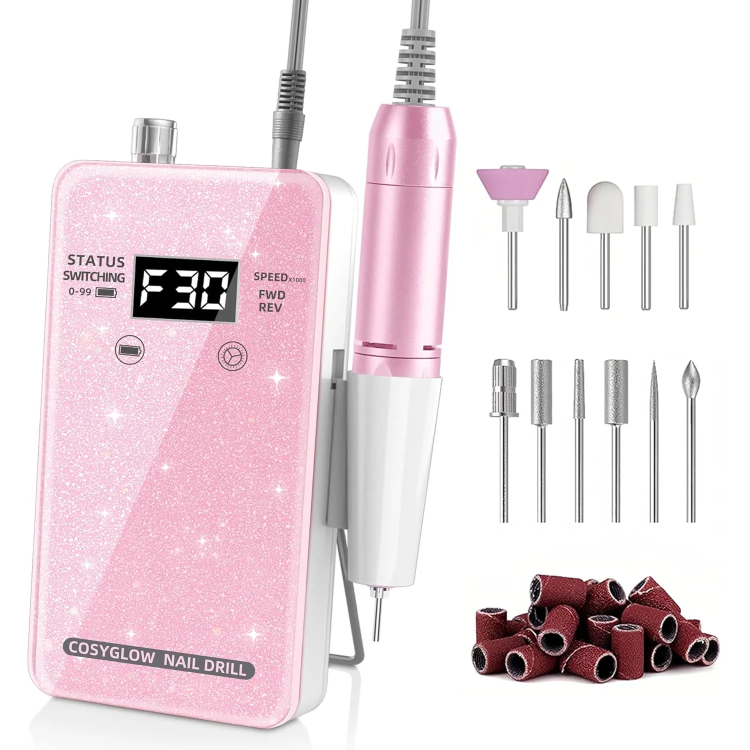 Professional Electric Nail Drill File:COSYGLOW Glitter Portable Cordless E-File Nail Drill Kit with 11 Drill Bits,30000 RPM Rechargeable Nail Drills Machine for Acrylic Nails Gel Polishing(Pink)