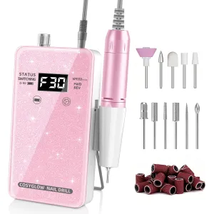 Professional Electric Nail Drill File:COSYGLOW Glitter Portable Cordless E-File Nail Drill Kit with 11 Drill Bits,30000 RPM Rechargeable Nail Drills Machine for Acrylic Nails Gel Polishing(Pink)