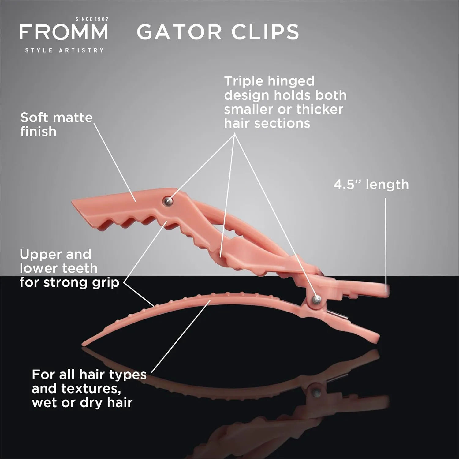 Professional Gator Hair Clips, 4.5", Double-Sided Teeth for Secure Sectioning on Wet or Dry Hair, Soft Matte Finish, Pink/Green, Pack of 4