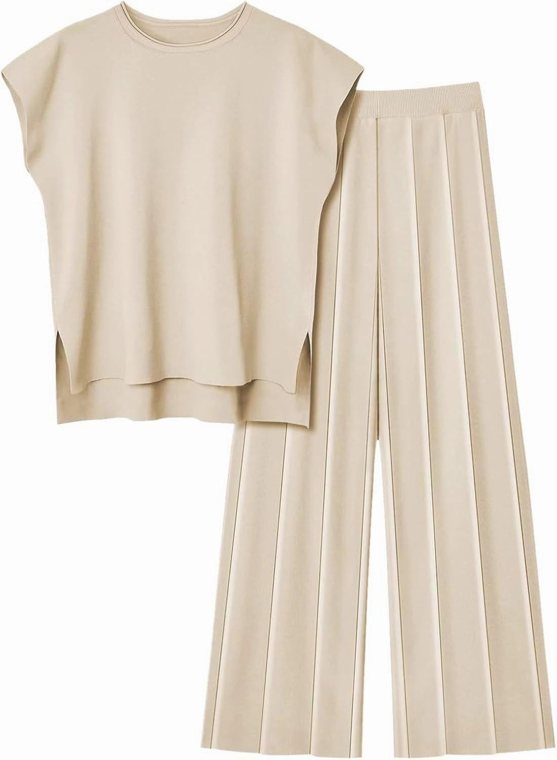 PTOLOCIF Women 2 Piece Outfits Summer Casual Sweater Set Knit Loungewear Cap Sleeve Pullover Top and Wide Leg Pants Tracksuit