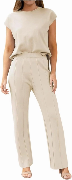 PTOLOCIF Women 2 Piece Outfits Summer Casual Sweater Set Knit Loungewear Cap Sleeve Pullover Top and Wide Leg Pants Tracksuit