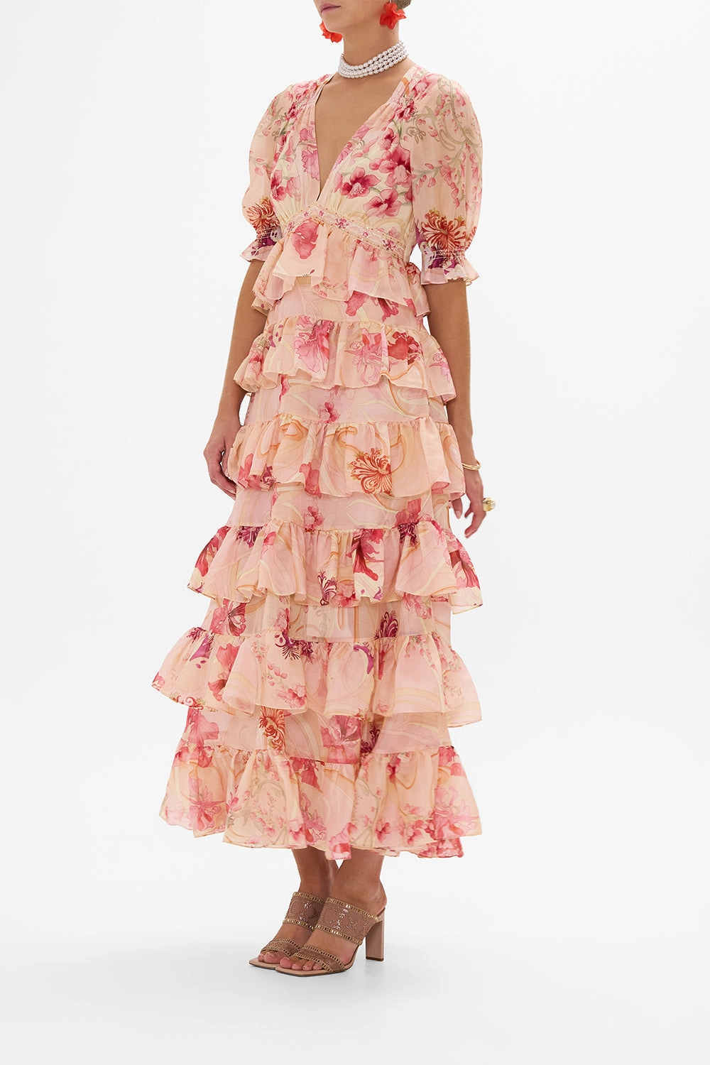 PUFF SLEEVE TIERED SKIRT LONG DRESS BLOSSOMS AND BRUSHSTROKES