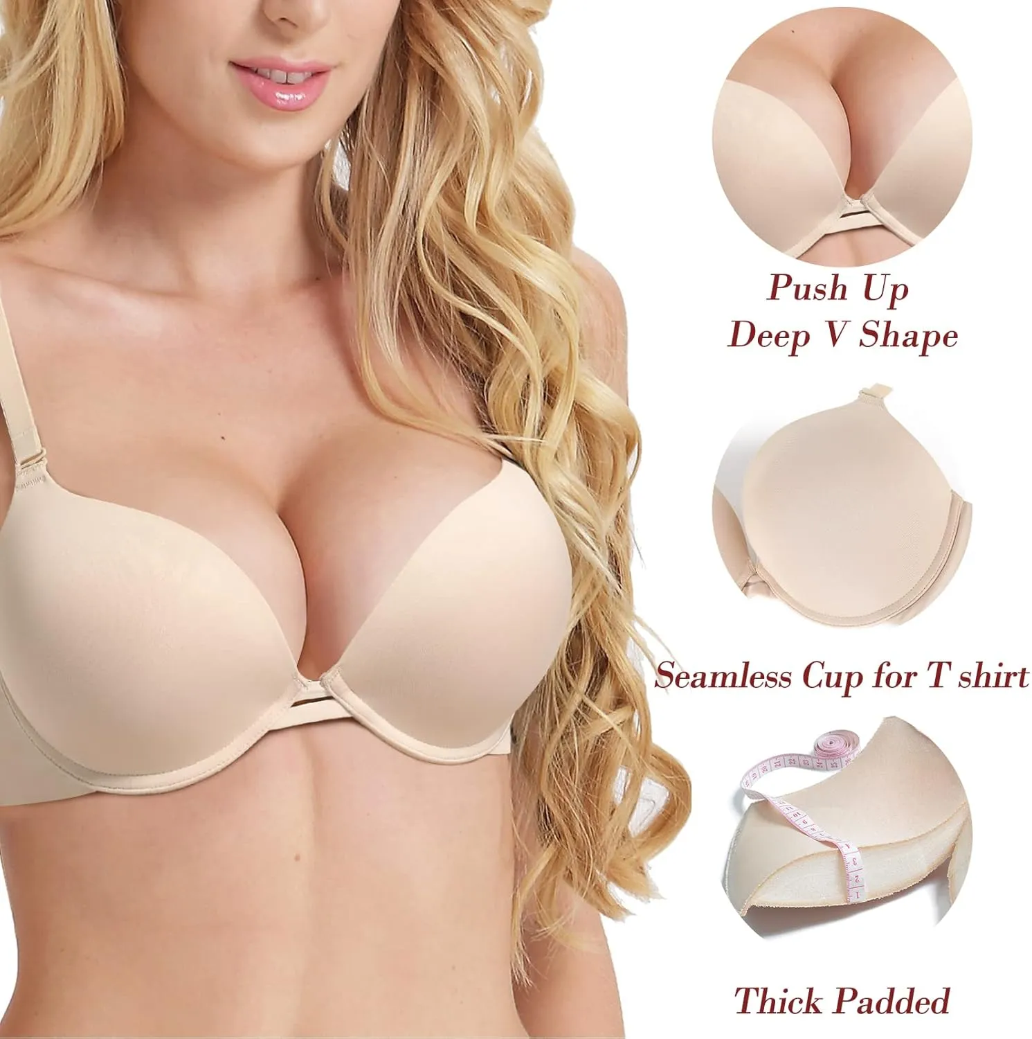 Push Up Thick Padded Plunge Underwire T Shirt Lace Bra Lift Support for Women Add One Cup