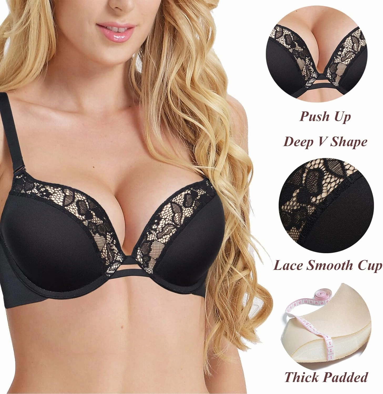 Push Up Thick Padded Plunge Underwire T Shirt Lace Bra Lift Support for Women Add One Cup