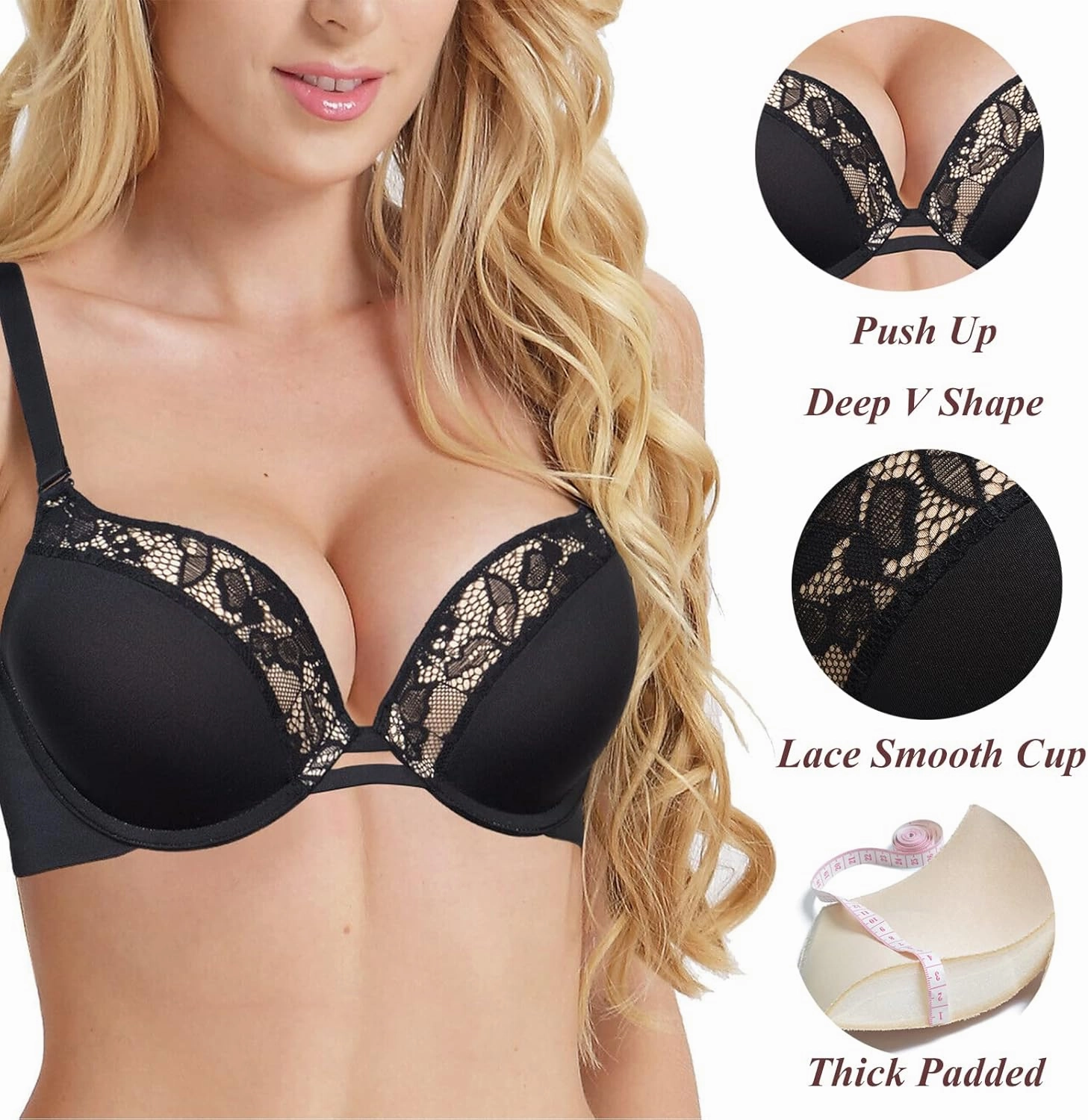 Push Up Thick Padded Plunge Underwire T Shirt Lace Bra Lift Support for Women Add One Cup