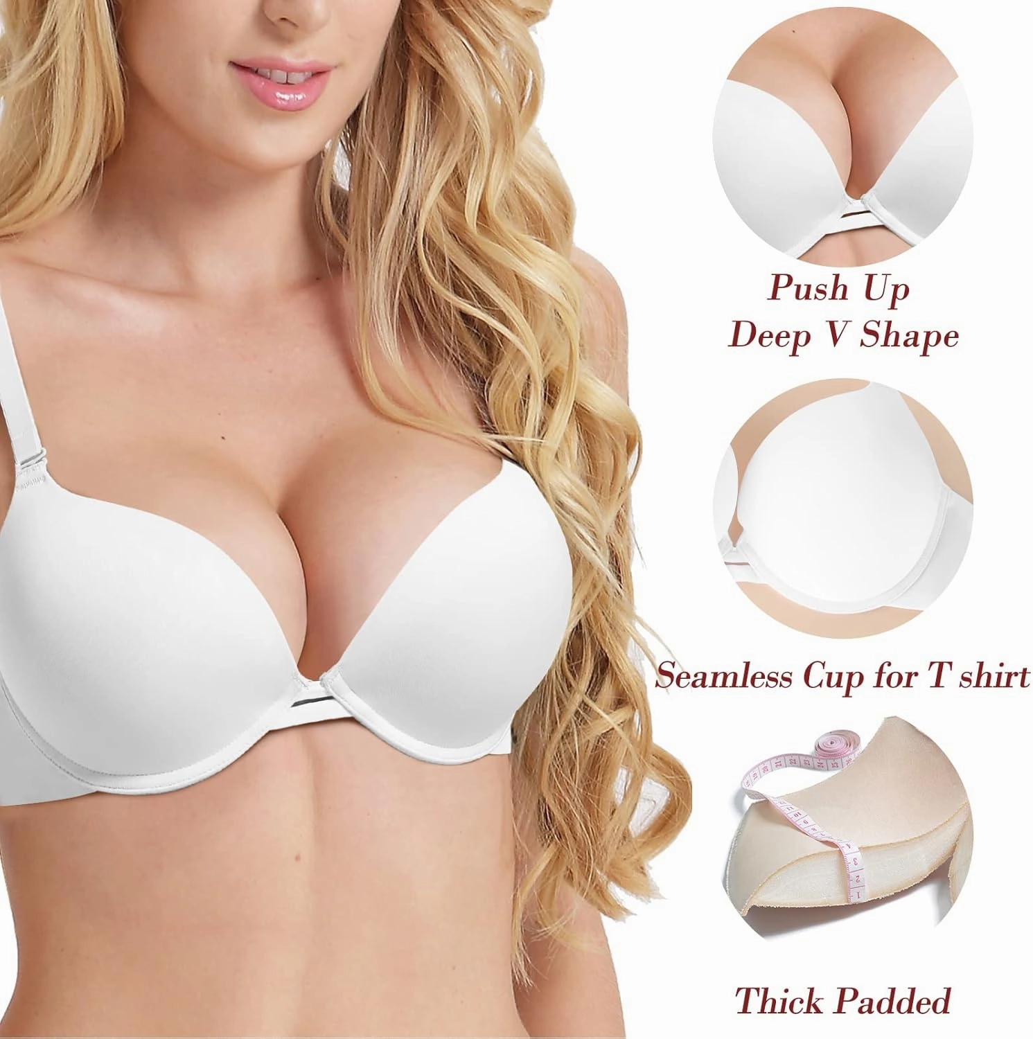 Push Up Thick Padded Plunge Underwire T Shirt Lace Bra Lift Support for Women Add One Cup
