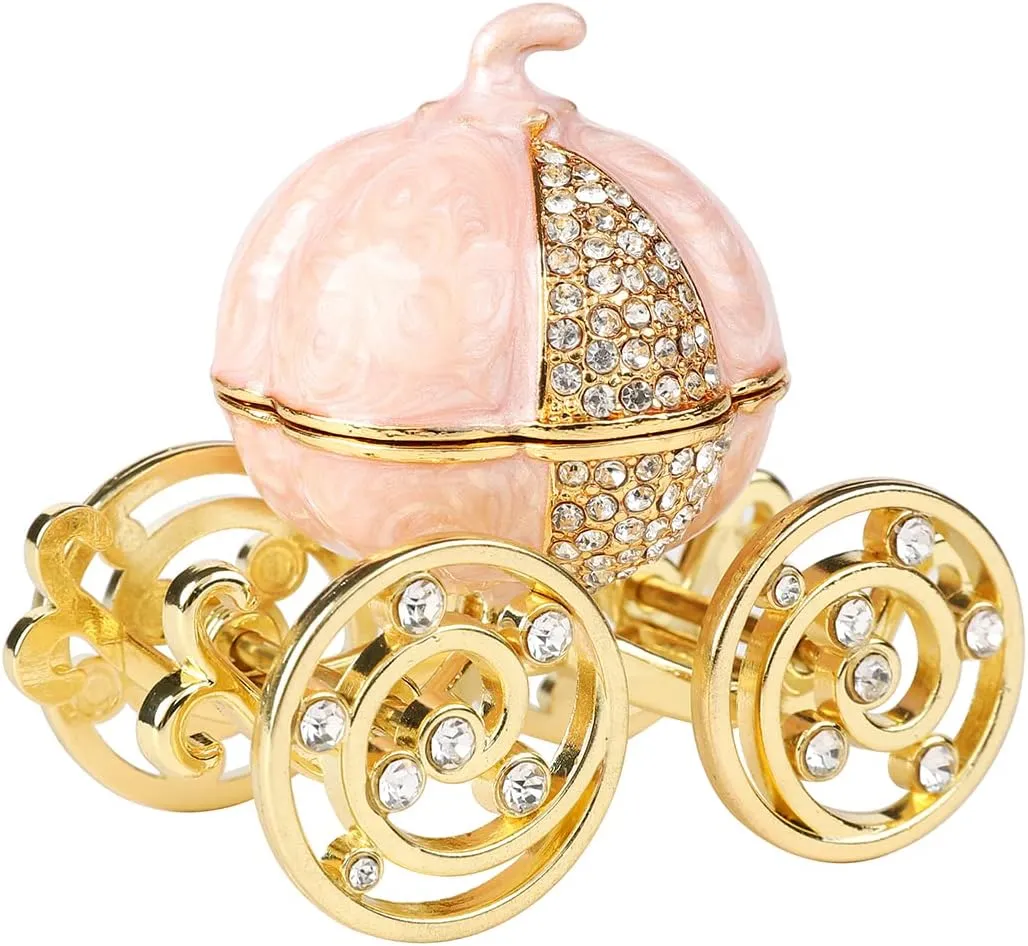 QIFU Classical Pink Pumpkin Carriage Enamel Trinket Box Hinged, Unique Gift for Family